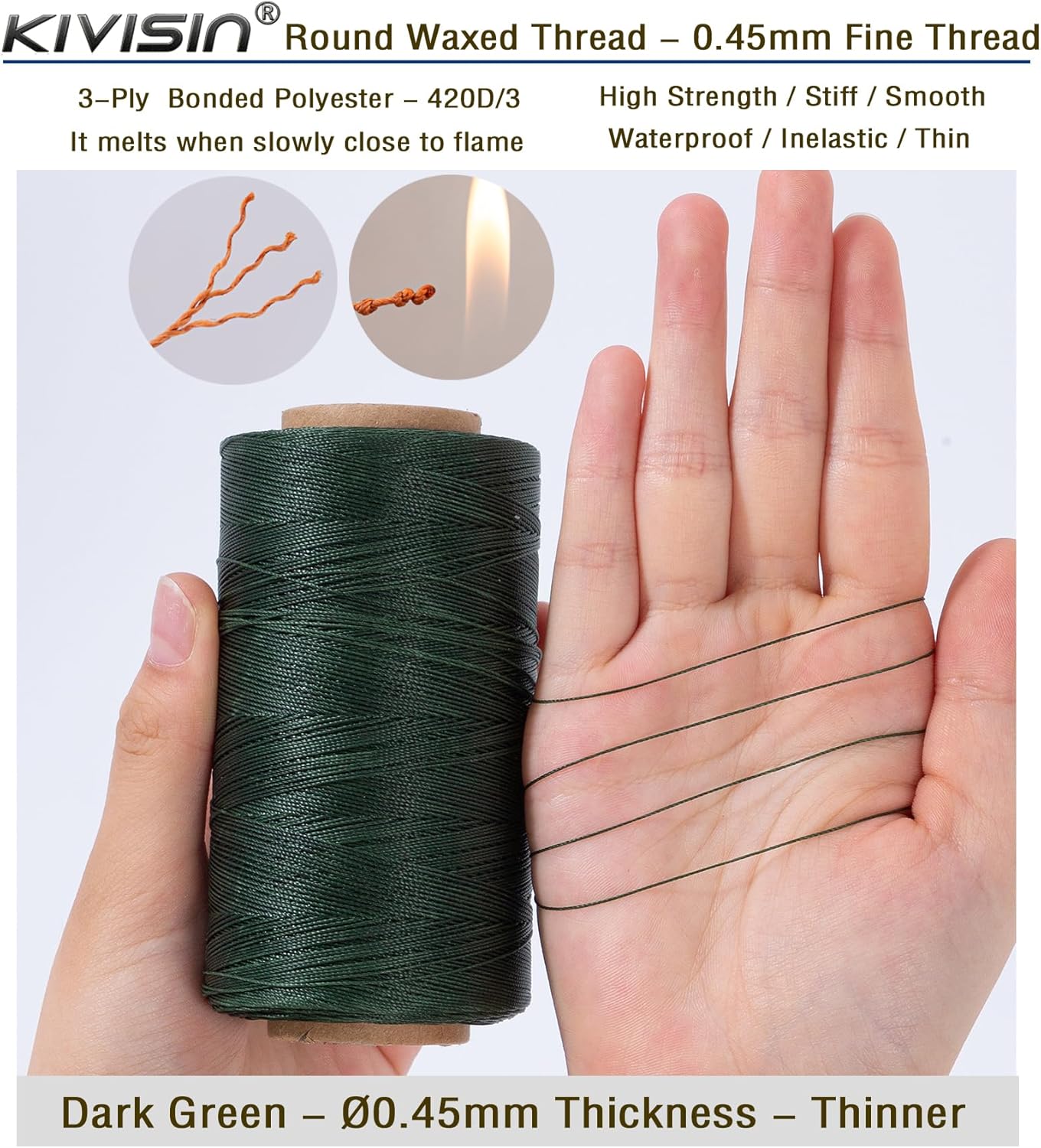 Thin Round Waxed Thread 0.45mm, 600 Yards, Dark Green, Light Duty Polyester Wax Coated String for Leather Sewing, Upholstery, Beading, Micro Knotting, Bracelets and Macrame Jewelry Making