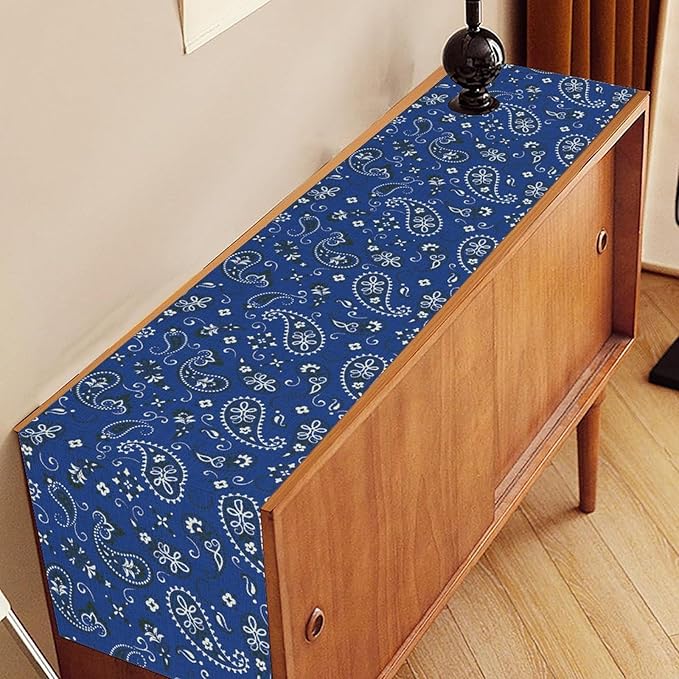 Blue Paisley Table Runner, Vintage Damask Antique Floral Flower Boho Damask Swirled Rustic Coffee Table Center Decor for Family Kitchen and Living Room Outdoor Table Decorations, 13"x90"