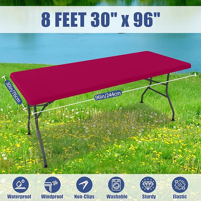 Spandex 8 Foot Rectangle Table Cloth 6 Pack, Elastic Fitted Tablecloths for Picnic, Stretch Washable Patio Table Cover for Outdoor, Camping, Banquet and Parties (Fuchsia, 30"x96")