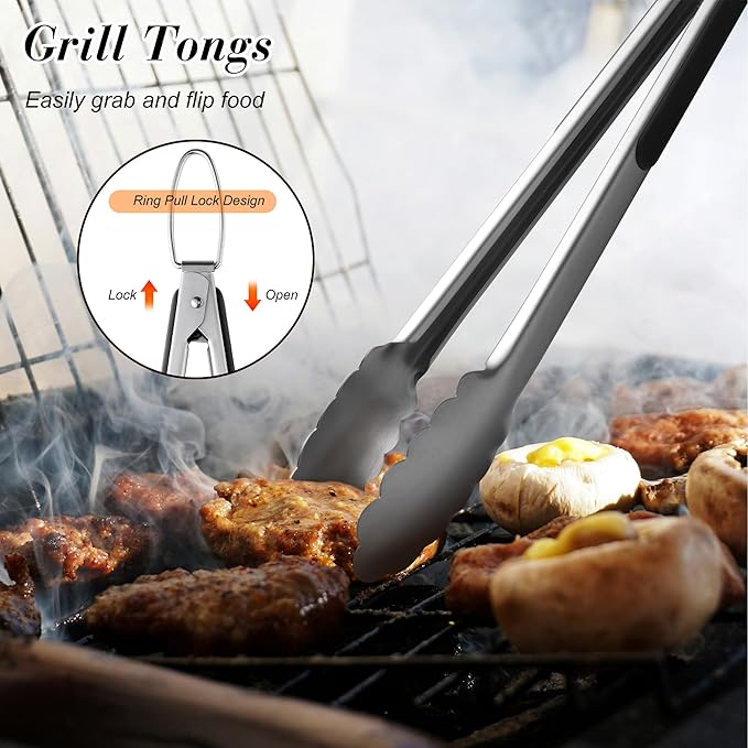 Griddle Accessories Kit - Grilling Accessories, Stainless Steel Heavy Duty Grill Tools Set with Spatula, Fork, Tongs, Brush and Gift-Box for Outdoor Barbecue, Home Grill (4PCS)