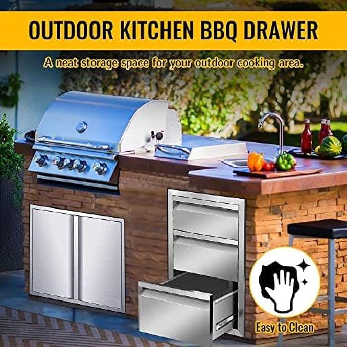 Outdoor Kitchen Drawers, Flush Mount Triple Access BBQ Drawers With Stainless Steel Handle, BBQ Island For BBQ Island Patio Grill Station,Three Drawers