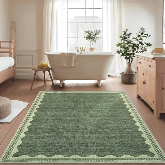 Scalloped Washable Rug 5x7 Area Rugs for Living Room, Solid Green Rug for Bedroom Girls, Non Slip Scalloped Throw Mat with Rubber Back, Soft Dorm Nursery Low Pile Carpet for Dining Room