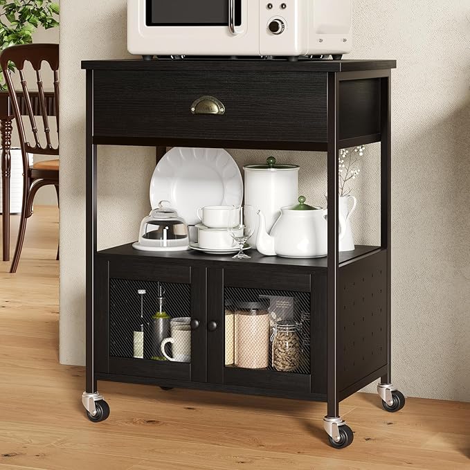 Catrimown Coffee Cart Station with Storage Drawer, Small Microwave Stand with Storage Cabinet, Coffee Stand Station, Rolling Island Cart for Living Room, Dining Room, Kitchen, Black