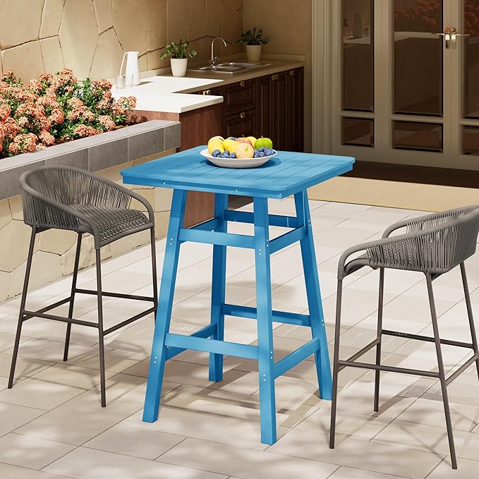Costaelm Outdoor Bar Table, 42" Counter Height Square Patio Cocktail Bar Table with Umbrella Hole, Patio Bistro Dining Pub Table for Front Porch Deck Backyard Garden, Pacific Blue