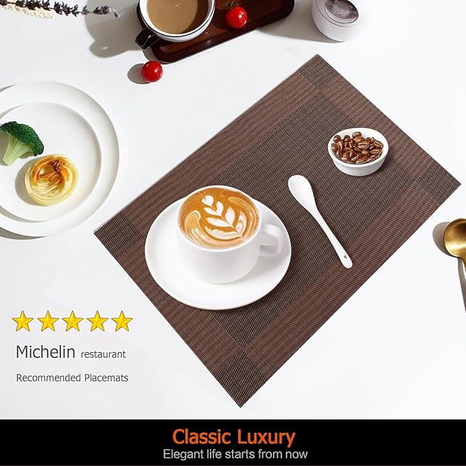 Placemats Set of 8 Washable&Wipeable Place mats for Dining Table Kitchen Indoor Outdoor Table Mats Heat Resistant Non Slip Woven Vinyl Table Placemats (Brown，8PCS)