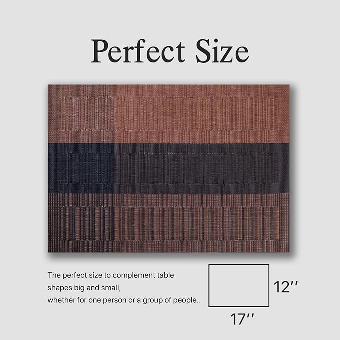 Placemats Set of 6 - Easy Clean Woven Vinyl Placemats for Dining Table, Indoor/Outdoor Place Mats, Washable PVC Table Mats （Ombre Brown Black）