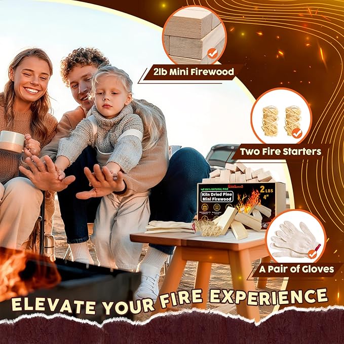 Mini Fire Stick with Fire Starters Gloves 4" Kiln Dried Pine Fire Pit Accessories Firewood Compatible with Wood Stoves, Tabletop Fire Pits, BBQ Grills & Pizza Ovens, 2 lb Box