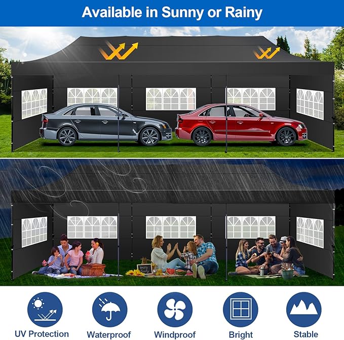 COBIZI 10x30 Pop up Canopy Tent 10x30 Canopy with 8 Sidewalls Waterproof Heavy Duty Commercial Tent for Parties Outdoor Garden Gazebo, Carry Bag with Wheel(10x30ft, Black)