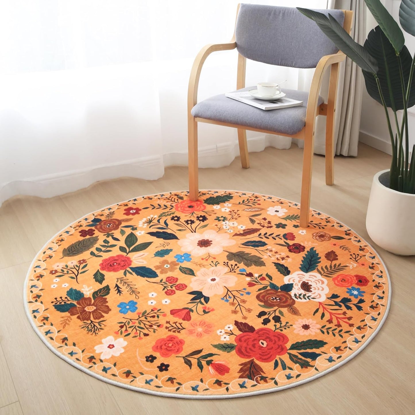 Rugcomf Round Rug 6ft Washable Circle Rug Non Slip Low Pile Boho Floral Small Circular Rug for Bedroom, Bathroom, Entryway, Kids Room, Office, College Dorm(Yellow)