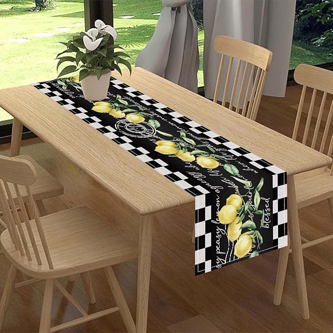 Lemon Table Runner, Farmhouse Black Buffalo Plaid Seasonal Summer Spring Fruits Rustic Coffee Table Center Decor for Home Kitchen Dining Party Patio Indoor Outdoor Table Decorations, 13"x36" Inch