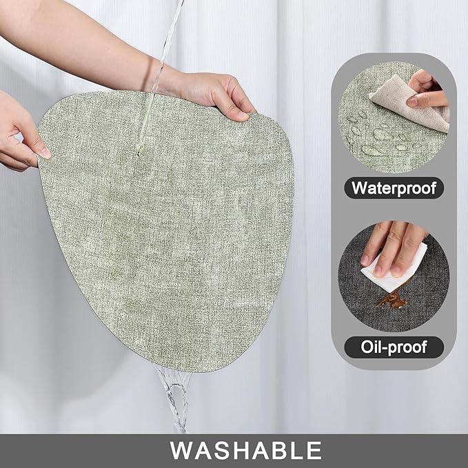 Placemats and Coasters, Washable Reversible Placemats Round Faux Leather Wipeable Place Mats Non Slip Heat Resistant Indoor Outdoor Table Mats (Set of 6, Gray Green)