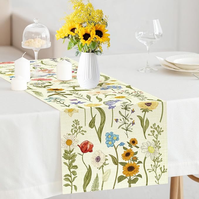 Summer Flower and Leaf Table Runner Seasonal Holiday Anniversary Indoor Outdoor Home Kitchen Table Party Decor (Colorful Flowers 3, 13×72 Inches)