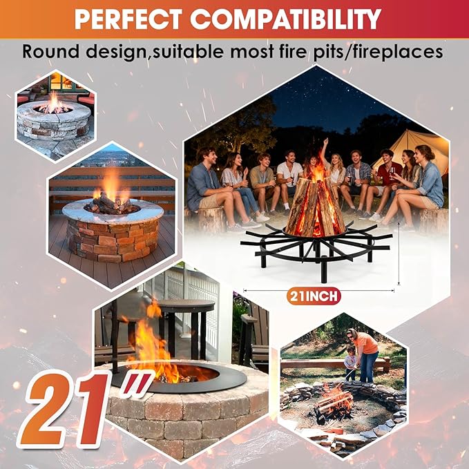 Fire Pit Grate & Fireplace Grate, Heavy Duty Heat Resistant Campfire Grill for Campfires and Outdoor fire pits(Black, 21 in)