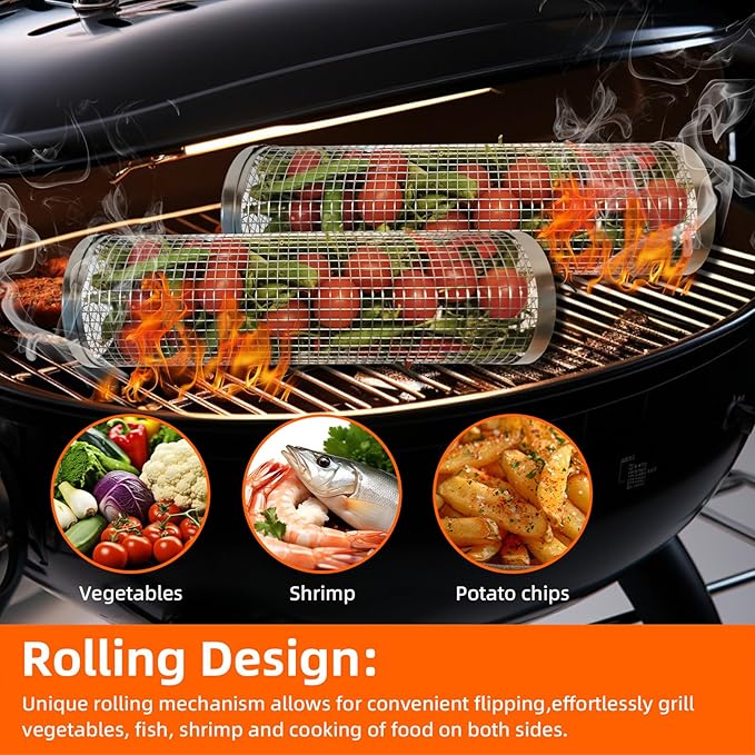 2PCS Grill Basket,Vegetable Grill Basket,Rolling Grill baskets for outdoor grill,grilling gifts for men,Grill Nets,Stainless Steel Grill Basket