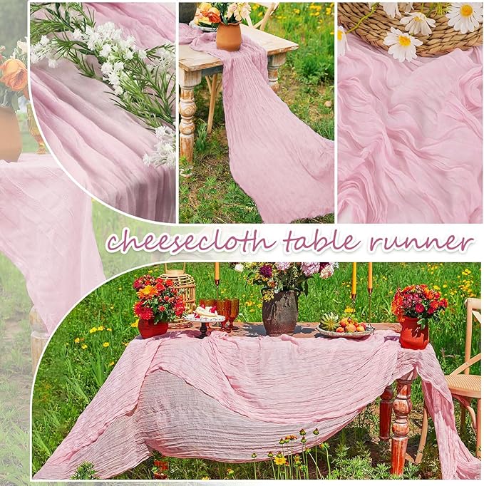 20 Packs Cheesecloth Table Runner 10FT Long Boho Gauze Fabric Table Runner Vintage Rustic Sheer Runners for Wedding Party Bridal Baby Shower Table Decorations (Light Pink)