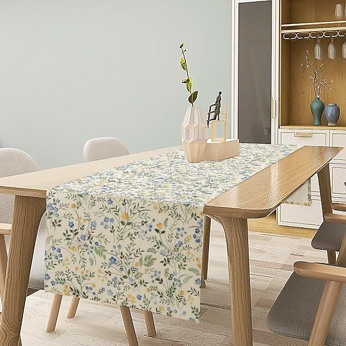 Rustic Flower Table Runner, Spring Sage Green Eucalyptus Leaves Watercolor Floral Flower Plant Leaves Print Table Cover for Dinning Holiday Home Picnic Party Decor, 13x70inch