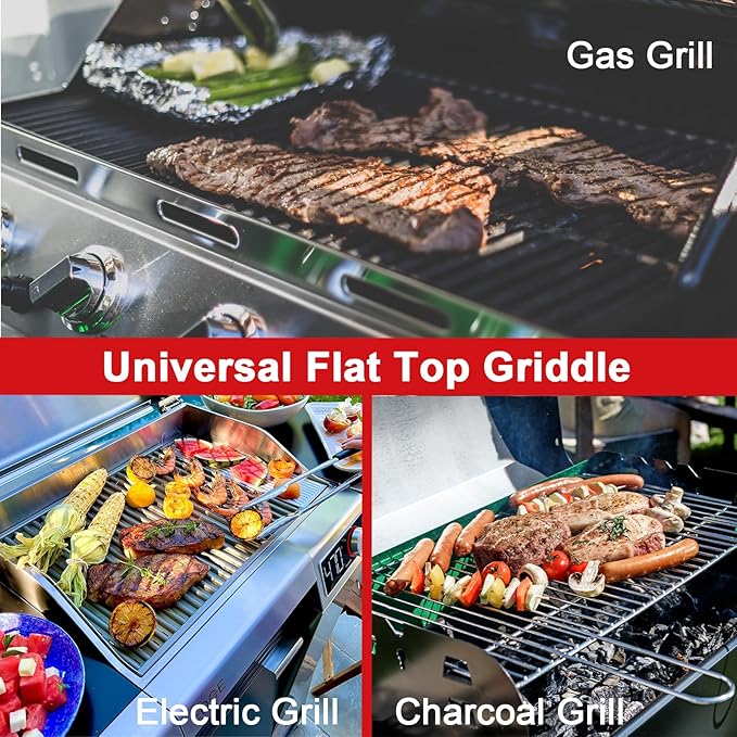17" x 13" Nonstick Griddle Insert for Gas Grills, Carbon Steel Flat Top Griddle for Gas/Electric/Charcoal Grill, Universal Cooking Plate with Grease Groove for Outdoor Camping Tailgating Parties