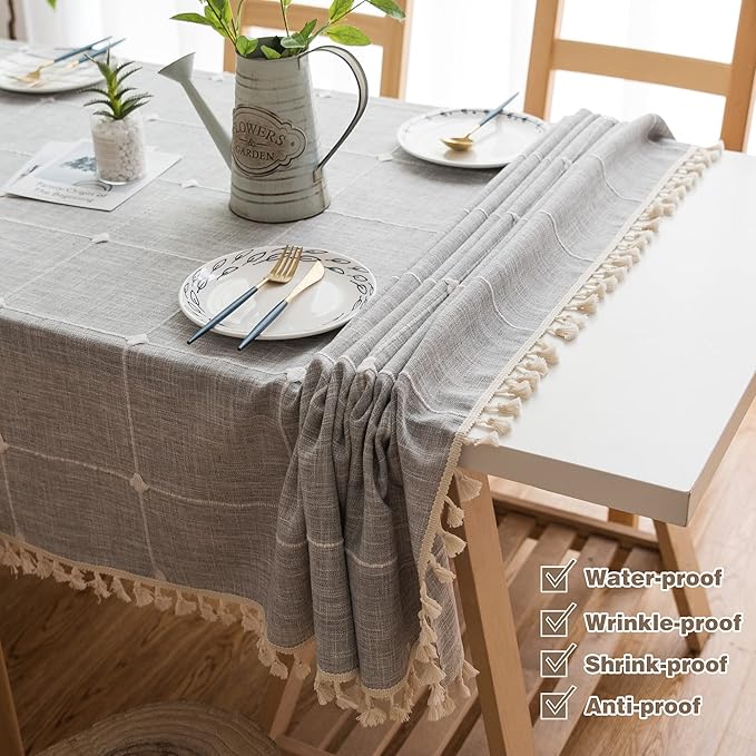 Pahajim Rustic Linen Tablecloth Cotton Rectangle Table Cloth for Kitchen Dining with Tassel Plaid Waterproof Tablecloths Rectangle/Oblong,55''x71'',4-6 Seats
