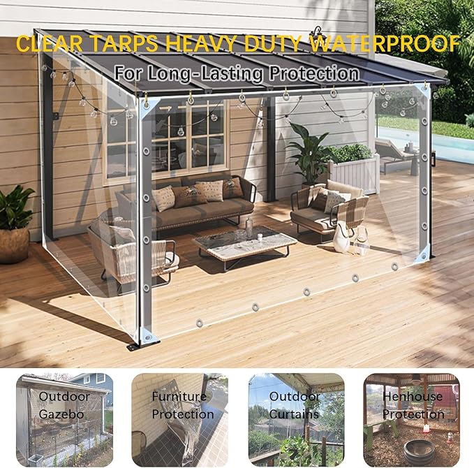 Clear Tarps Heavy Duty PVC, Transparent Tarp Durable Waterproof Dustproof Windproof, Tarpaulin with Grommets & Ropes for Greenhouse, Patio, Garden, Pavilion, Chicken, Porch, Outdoor(12' x 20')