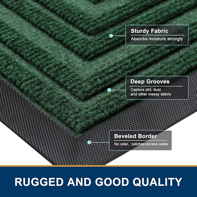 Buganda Front Door Mat Indoor Outdoor Entrance, Non-Slip Natural Rubber Doormats, Easy Clean, Low Profile, Dirt Trapper Entryway Floor Mats for Outside, Garages and Patios, 47x32, Green