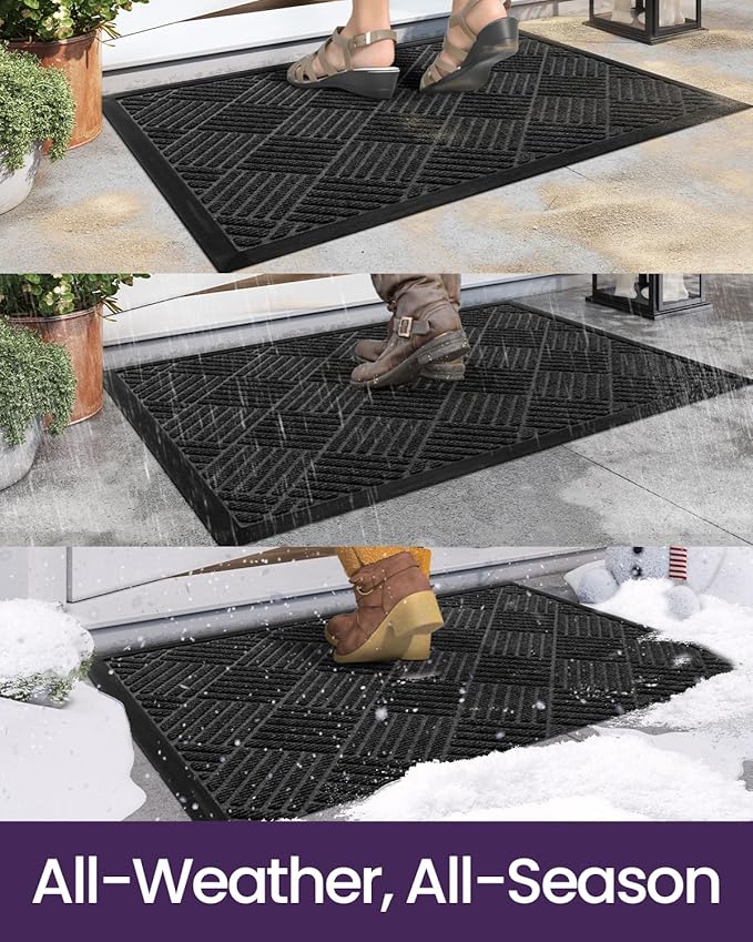 DEXI Front Door Mat Outside Entrance, 3x5 ft Rubber Entry Doormat Heavy Duty, Welcome Mats Non Slip for Inside House Floor Entryway Back Doors Exterior Patio, Diamond Black