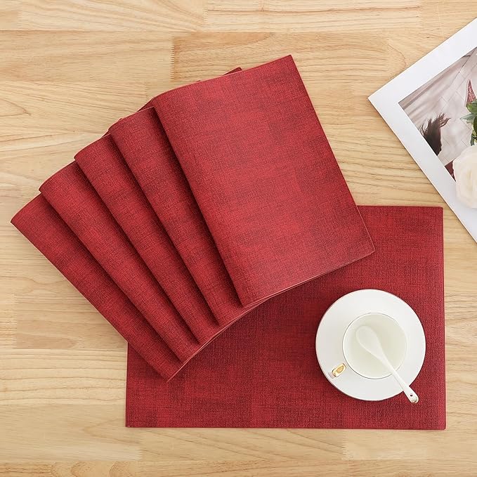 Homaxy Faux Leather Heat Resistant Placemats for Dining Table Set of 4, Waterproof Wipeable Washable PU Table Mats, Easy to Clean Anti-Slip Place Mats, 11.8" x 17", Red