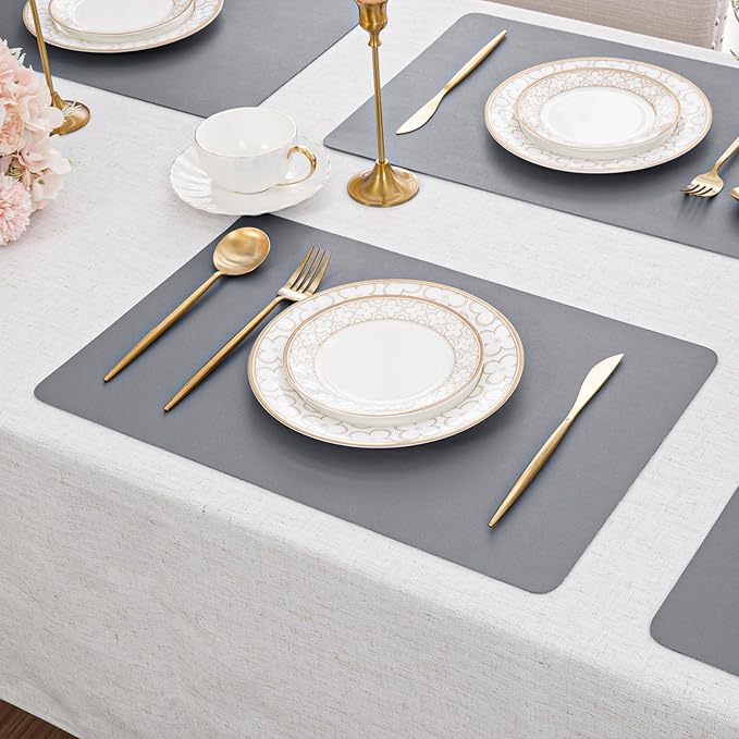 SHACOS Placemats Set of 6 Faux Leather Waterproof Leakproof Wipeable PU Non-Slip Vinyl Place Mats Heat Resistant Table Mats for Kitchen Dining Table Indoor Outdoor, Dark Grey