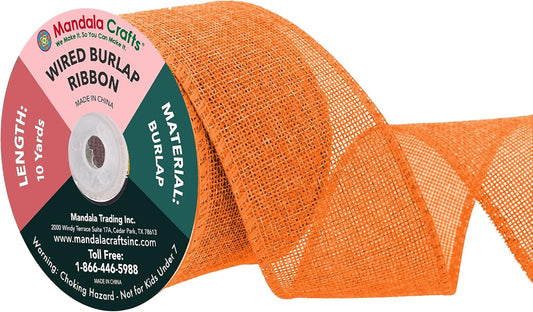 Mandala Crafts Orange Burlap Wired Ribbon 2.5 Inches Wide Jute Ribbons for Crafts - 10 Yds Roll Rustic Burlap Wrap Trim Ribbons for Wreaths Bows Party Decoration