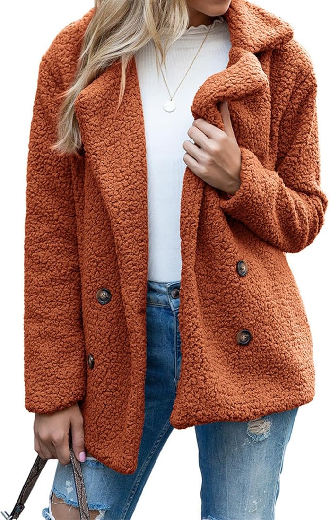 Women's Winter Warm Plush Cardigan Fuzzy Fleece Lapel Jacket with Buttons Pockets Long Sleeve Casual Outerwear