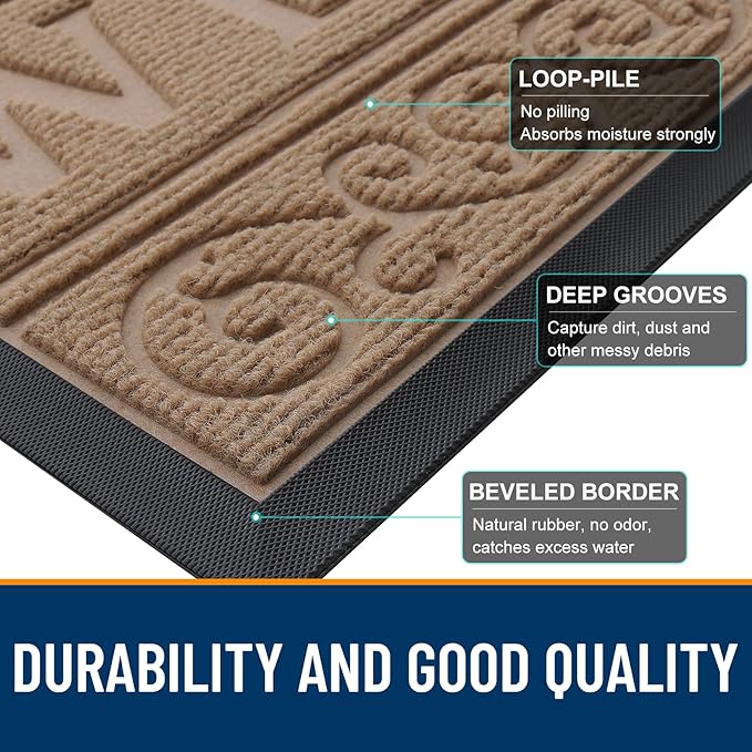 OLANLY Welcome Door Mat Indoor Outdoor Entrance, Heavy Duty Sturdy Front Door Mat, Waterproof All-Weather Doormat, Stain Resistant, Low Profile, Easy Clean Patio Entryway Mat, 36 x 24, Light Brown