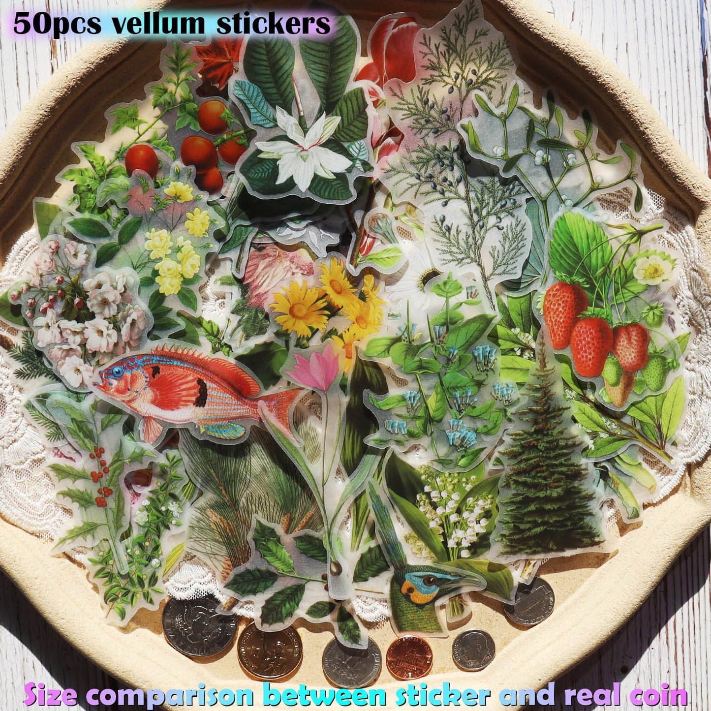 Vintage Vellum Stickers Floral Plants Elements Scrapbooking Supplies Flowers Botanic Natural Translucent Paper Self-Adhesive Junk-Journal Items (Plant World)