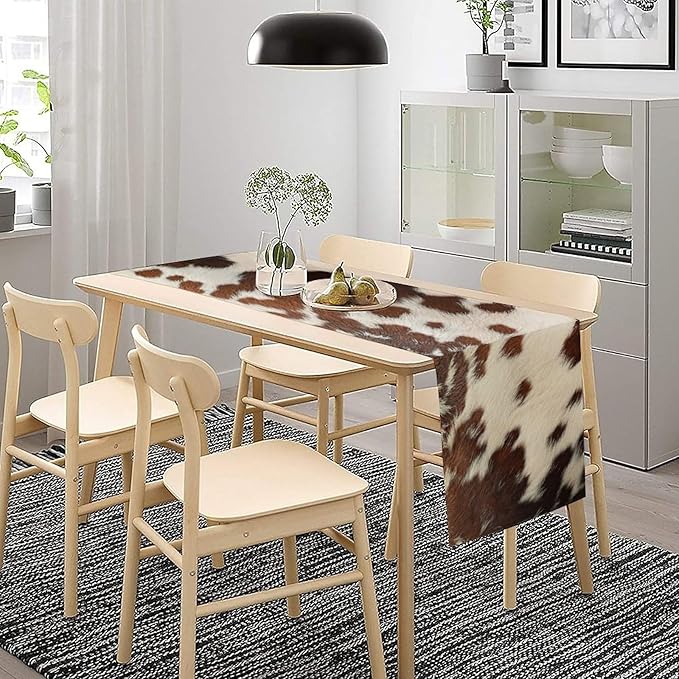 Cow Print Table Runner, Western White Brown Cowhide Rustic Coffee Table Runner for Home Kitchen Dining Room Farmhouse 13x90in