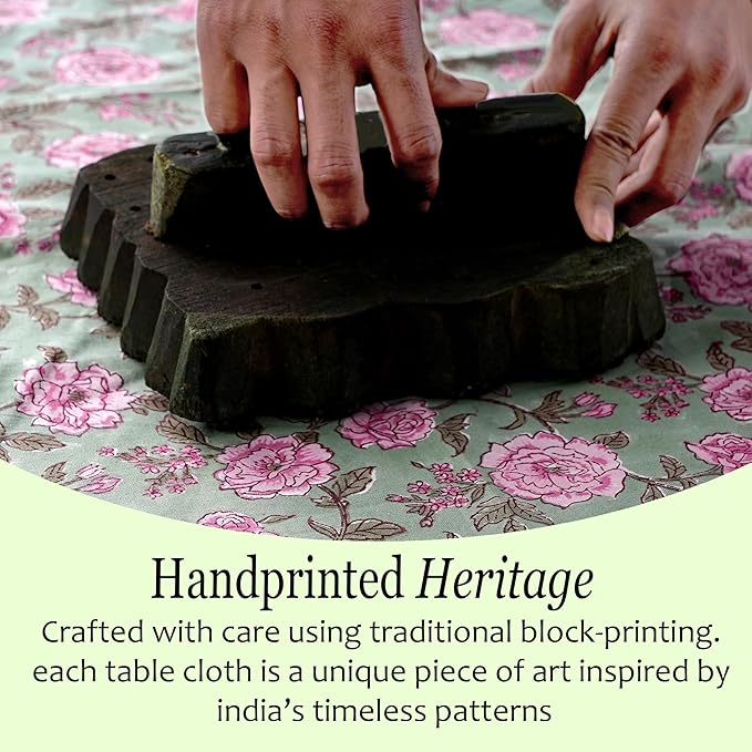 CPC Tablecloth 100% Cotton 70x108 Inch Indian Block Print Rectangle Table Cover, Gray Table Cloth for Weddings, Spring/Summer, Barbeque - Pink Tourmaline