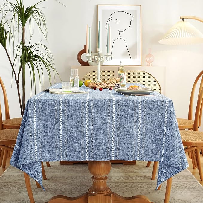 Chassic 60 x 84 inches Farmhouse Style Linen tablecloths, Wrinkle Resistant Washable Dining Room Table Cloths for Rectangle Tables - Hemstitch Blue