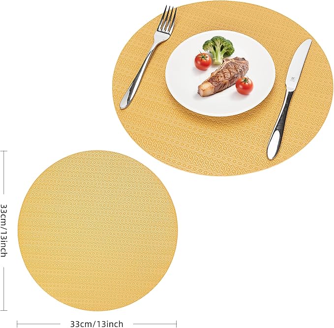 Round Faux Leather Placemats Set of 4 – 13 Inch Vinyl Table Mats, Heat Resistant, Non Slip, Wipeable & Washable, Easy to Clean Dining Table Decor for Kitchen & Dining Room – Golden Yellow