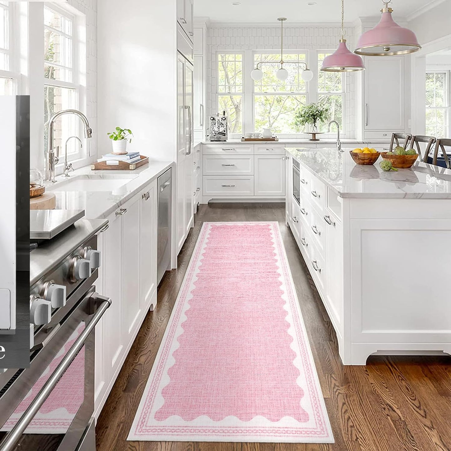 Scalloped Rug 2.5x8 Runners for Hallways, Solid Pink Runner Rugs Non Slip Scalloped Bath Runner, Washable Mat for Bedroom Girls, Rugs for Kitchen Floor Soft Dorm Nursery Carpet for Bedside