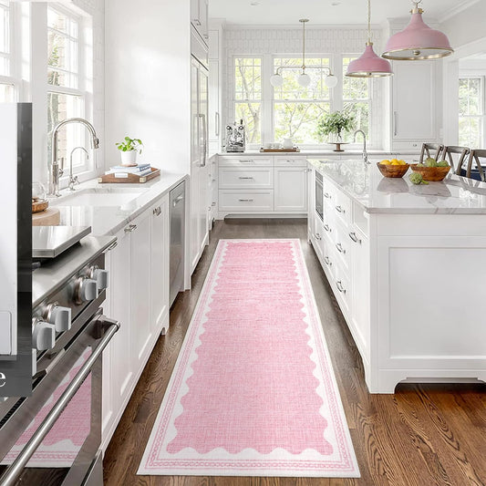 Scalloped Rug 2.5x8 Runners for Hallways, Solid Pink Runner Rugs Non Slip Scalloped Bath Runner, Washable Mat for Bedroom Girls, Rugs for Kitchen Floor Soft Dorm Nursery Carpet for Bedside