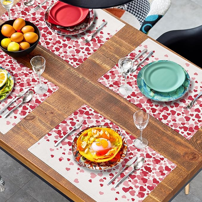 Valentine's Day Pink Love Heart Placemats Set of 4 Valentine Dining Place Mat Heat Resistant Washable Wedding Anniversary Rectangle Table Mat for Outdoor Kitchen Home Party 12x18 Inch