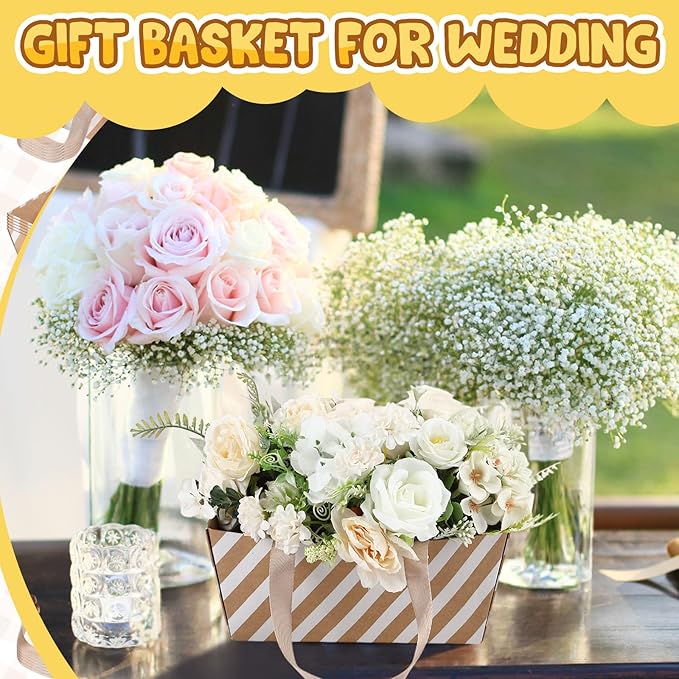 Pinkunn 48 Pcs Basket for Gifts Empty DIY Bulk Party Gift Basket Kit with Handles Market Trays for Packages Wrapping Wedding Party Anniversary Display(Brown, Beige,Stripes)