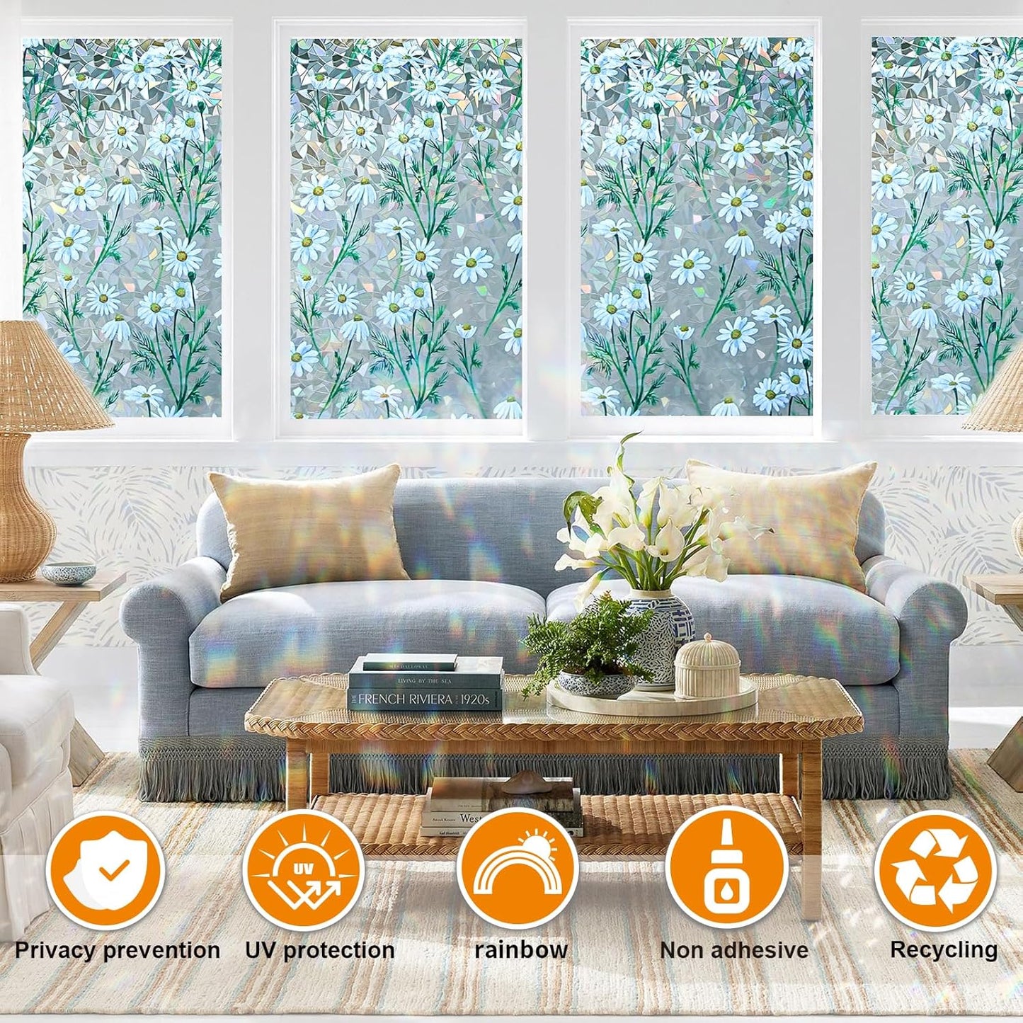 Window Privacy Film Stain Glass Window Film Rainbow Window Film Window clings Non-Adhesive Reusable Decorative for Room (Daisy Rainbow, 45.2 x 157.4 in)