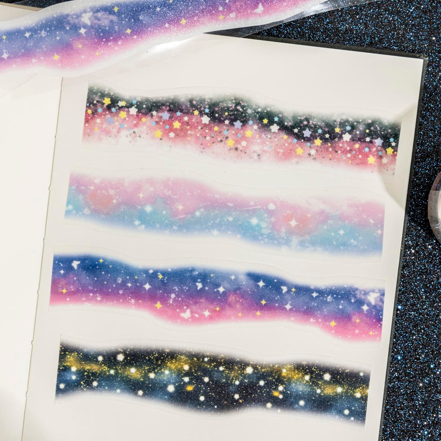 Galaxy-Themed Washi Tape Set, 4 Rolls of Decorative Glitter Tapes for Scrapbooking, Junk Journaling, DIY Crafts, and Art Supplies