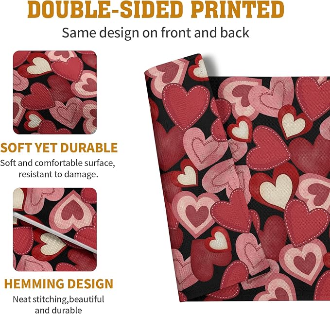 Valentines Day Love Hearts Placemats Set of 4 Valentine Red Black Heart Linen Table Mats Spring Wedding Anniversary Washable Place Mats for Outdoor Home Party Kitchen Dining 12x18 Inch