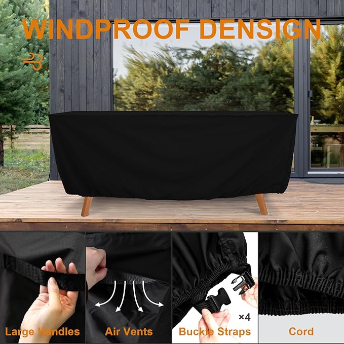Tempera Patio Furniture Cover,Outdoor Table And Chair Covers Waterproof, Outdoor Dining Set Cover,Heavy Duty Rectangle Patio Furniture Covers,102''L x 74''W x 27.8''H,Black