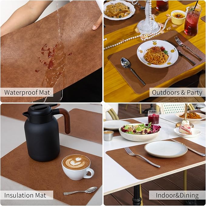 Cowhide Pattern Faux Leather Placemats Set of 4,Heat Resistant Non-Slip Waterproof Wipeable Washable Kitchen Dining PU Table Place Mats,Double-Sides Available,Dark Coffee