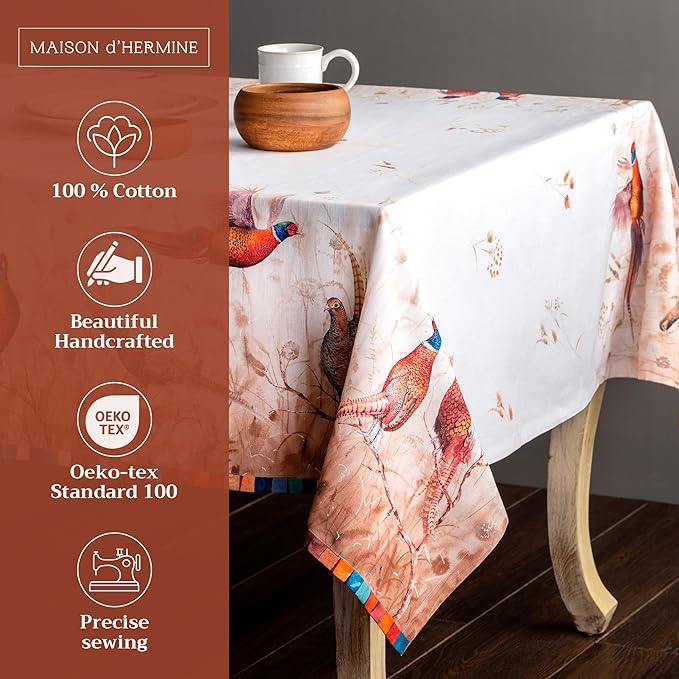 Maison d' Hermine Table Cloth Square Table 100% Cotton 54 x 54 Inches Fall Tablecloth Reusable Everyday Use for Thanksgiving Christmas Decorations Dining Farmhouse Party (Faisan D'Automne)