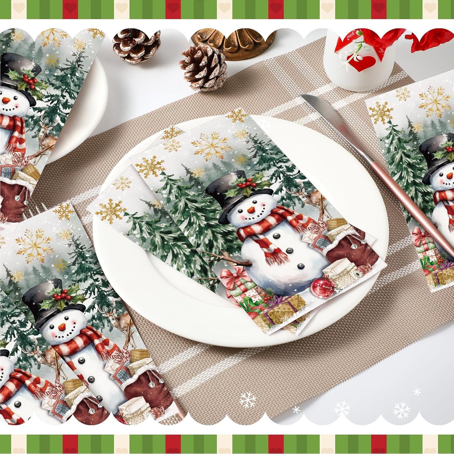 100 Pcs Christmas Guest Napkins 2 Ply Snowman Disposable Paper Napkins for Decoupage Snowflake Elk Xmas Tree Decorative Winter Christmas Cocktail Guest Hand Towel for Party Table Dinner Bathroom