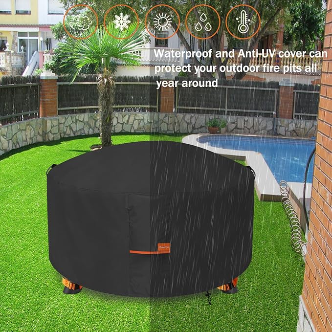 Fire Pit Cover,Outdoor Heavy Duty 600D 100% Waterproof Fire Pit Cover Round,Weatherproof Firepit Covers Round 36" Dia x 24" H,Black