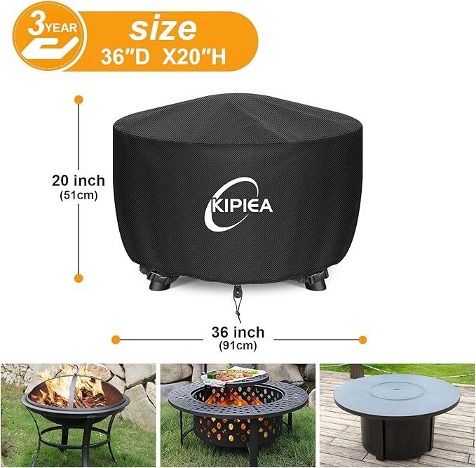 Kipiea Round Fire Pit Cover - Upgraded 600D Strong Tear and UV Resistant, 100% Waterproof Outdoor Firepit Cover Fits 33"-36" Patio Fire Pit (36" Dia X 20" H）