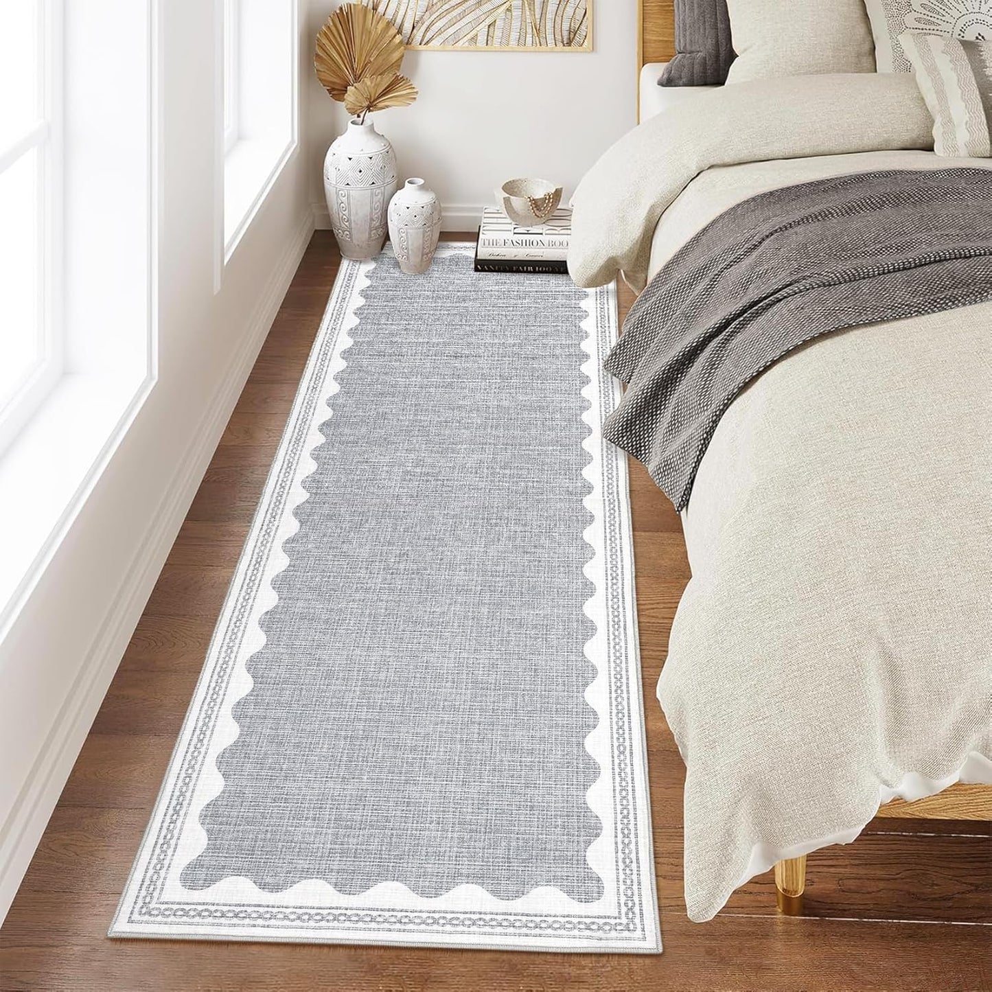 Scalloped Rug 2.5x8 Runners for Hallways, Solid Grey Runner Rugs Non Slip Scalloped Bath Runner, Washable Mat for Bedroom Girls, Rugs for Kitchen Floor Soft Dorm Nursery Carpet for Bedside