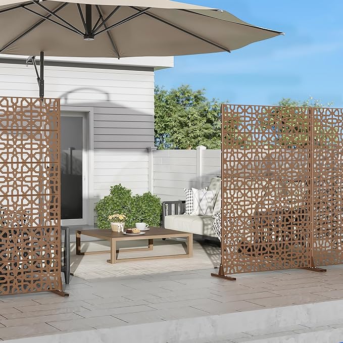 Casaphoria Metal Privacy Screen Outdoor, 72" H x 47" W Freestanding Decorative Privacy Screen for Patio Deck Balcony Garden with Stable Base, Brown-Perilla
